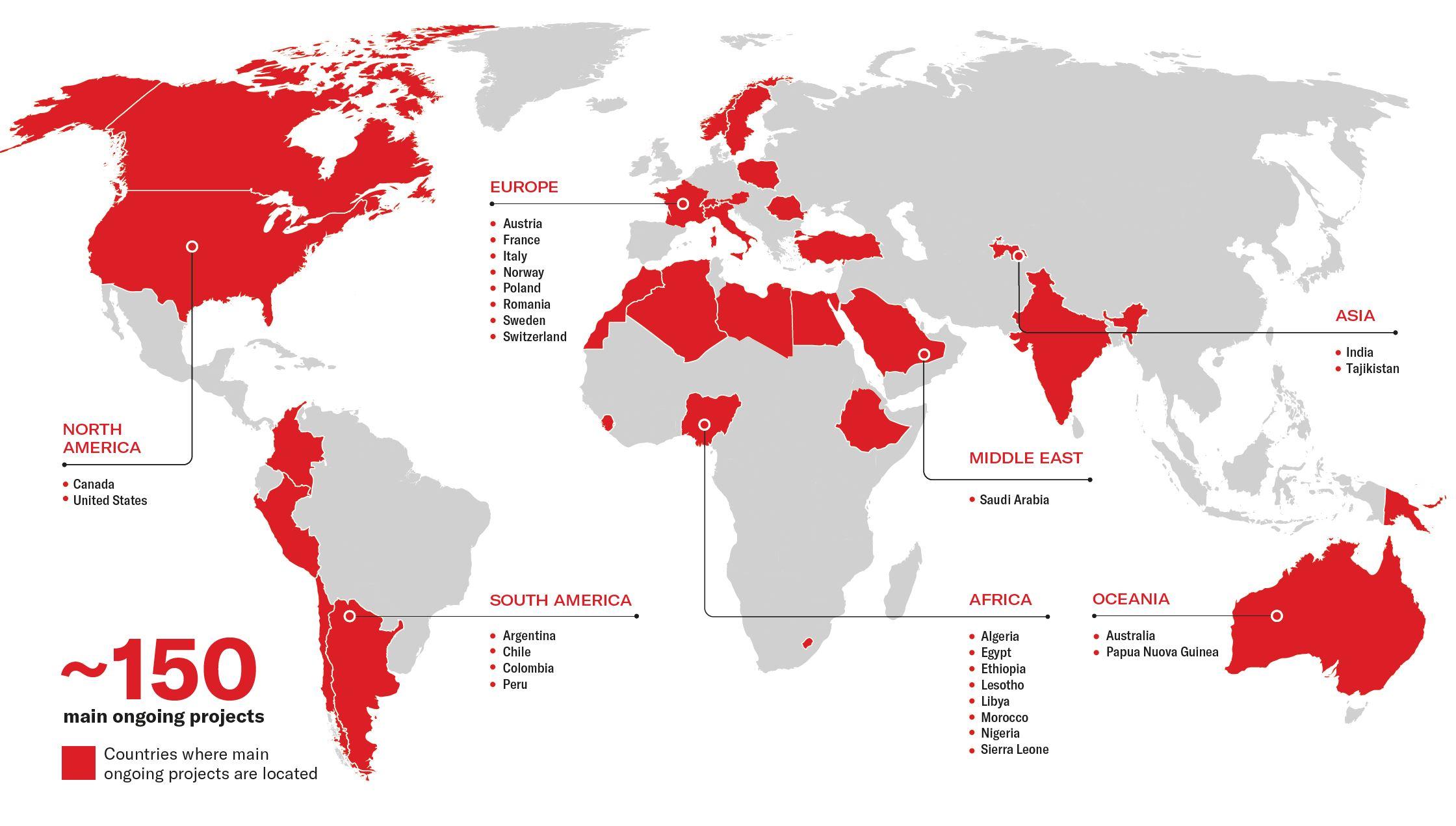 Webuild Group global presence, main ongoing projects, infographics